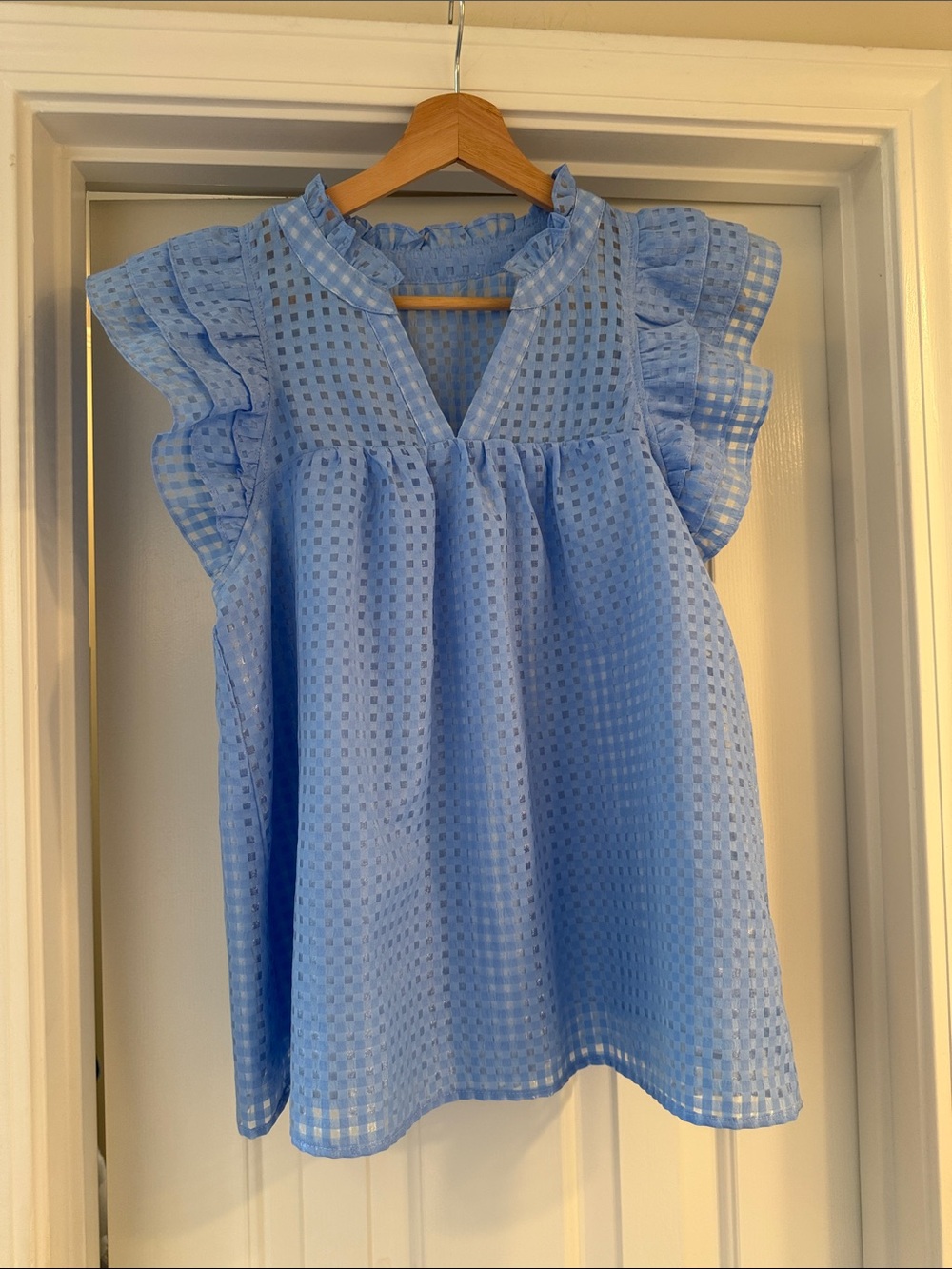 Light Blue Eyelet Flutter Sleeve Top